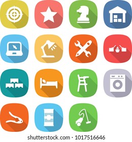 flat vector icon set - target vector, star, chess horse, warehouse, notebook, table lamp, pencil wrench, drawbridge, block wall, bed, Chair for babies, washing machine, walnut crack, pasta