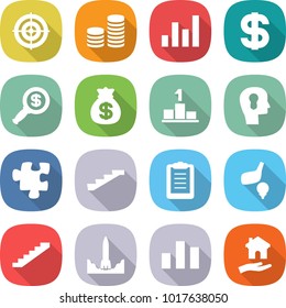flat vector icon set - target vector, coin stack, graph, dollar, magnifier, money bag, pedestal, bulb head, puzzle, stairs, clipboard, golf, rocket start, chart, housing