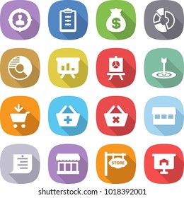 flat vector icon set - target audience vector, clipboard, money bag, circle diagram, presentation, add to cart, basket, delete, market, shopping list, store signboard
