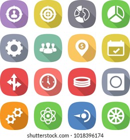 Flat Vector Icon Set - Target Audience Vector, Circle Diagram, Gear, Group, Dollar Pin, Terms, Route, Watch, Inflatable Pool, Ring Button, Gears, Atom, Photon, Wheel