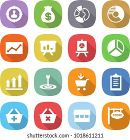 flat vector icon set - target audience vector, money bag, circle diagram, statistics, presentation, graph up, add to cart, clipboard, basket, delete, market, store signboard