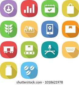 flat vector icon set - target audience vector, graph, calendar, shopping bag, spikelets, project, mobile location, package box, railroad shipping, transporter tape, drawing pen, colander, bank