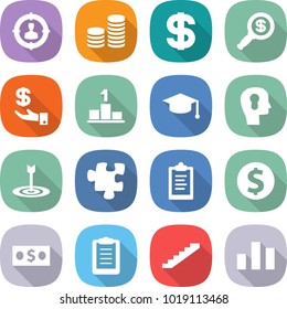 flat vector icon set - target audience vector, coin stack, dollar, magnifier, investment, pedestal, graduate hat, bulb head, puzzle, clipboard, money, stairs, chart