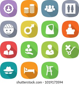 flat vector icon set - target audience vector, coin stack, group, wc, bandaged head, male sign, broken hand, hospital recieption, client, support manager, do not trolley, confidential, bed