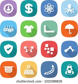 flat vector icon set - target audience vector, dollar, atom, virus, sale, t shirt, ruler, dry cargo, protected, palm hammock, blocks, robot hand, colander, field, peas, cleaner