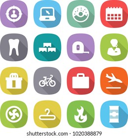 flat vector icon set - target audience vector, notebook, donut, calendar, tooth, block wall, measuring tape, support manager, hi quality package, bike, suitcase, arrival, cooler fan, hanger, fire