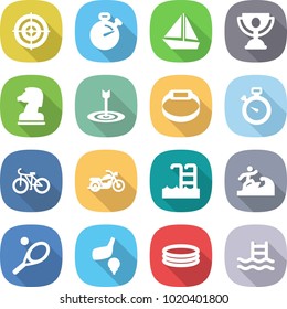 flat vector icon set - target vector, stopwatch, boat, trophy, chess horse, smart bracelet, bike, motorcycle, pool, surfer, tennis, golf, inflatable