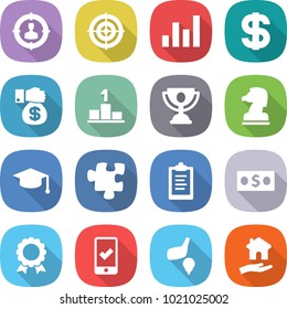 flat vector icon set - target audience vector, graph, dollar, money gift, pedestal, trophy, chess horse, graduate hat, puzzle, clipboard, medal, mobile checking, golf, housing