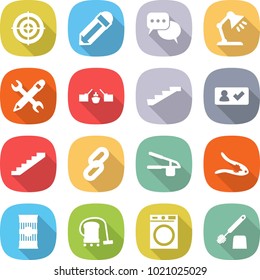 flat vector icon set - target vector, pencil, discussion, table lamp, wrench, drawbridge, stairs, check in, link, garlic clasp, walnut crack, pasta, vacuum cleaner, washing machine, toilet brush
