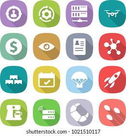 flat vector icon set - target audience vector, around gear, server, drone, dollar coin, eye, anamnesis, virus, block wall, terms, parachute delivery, rocket, coffee maker, croissant, seeds