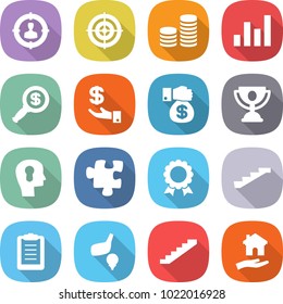 flat vector icon set - target audience vector, coin stack, graph, dollar magnifier, investment, money gift, trophy, bulb head, puzzle, medal, stairs, clipboard, golf, housing