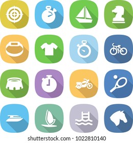 flat vector icon set - target vector, stopwatch, boat, chess horse, smart bracelet, t shirt, bike, stadium, motorcycle, tennis, yacht, windsurfing, pool