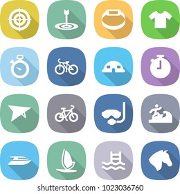 flat vector icon set - target vector, smart bracelet, t shirt, stopwatch, bike, dome house, deltaplane, diving mask, surfer, yacht, windsurfing, pool, horse