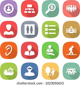 flat vector icon set - target audience vector, hierarchy, dollar magnifier, team, woman, wc, list, hospital, ear, client, tourist, baggage checking, vr helmet, garden cleaning, outsource