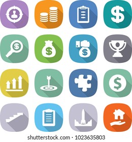 flat vector icon set - target audience vector, coin stack, clipboard, dollar, magnifier, money bag, gift, trophy, graph up, puzzle, stairs, rocket start, housing