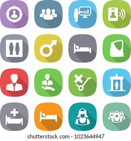 flat vector icon set - target audience vector, group, presentation, pass card, wc, male sign, hospital bed, broken hand, client, do not trolley, detector, cleaner, outsource