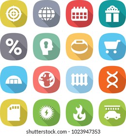flat vector icon set - target vector, globe, calendar, gift, percent, bulb head, smart bracelet, cart, hangare, radiator, dna, sd card, solar power, fire, car wash
