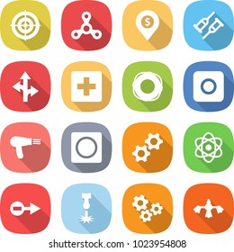 flat vector icon set - target vector, spinner, dollar pin, crutch, route, first aid, lifebuoy, ring button, hair dryer, gears, atom, electron, laser, hard reach place cleaning
