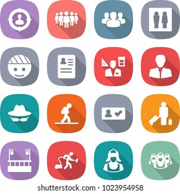 flat vector icon set - target audience vector, team, group, wc, bandaged head, anamnesis, architector, client, confidential, tourist, check in, passenger, skysrcapers cleaning, vacuum cleaner