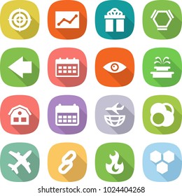 flat vector icon set - target vector, statistics, gift, hex molecule, left arrow, calendar, eye, fountain, house, plane shipping, atom core, link, fire, honeycombs