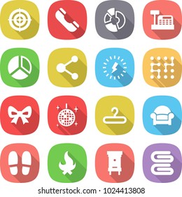 flat vector icon set - target vector, phone, circle diagram, cashbox, molecule, lightning, chip, bow, disco ball, hanger, armchair, slippers, fire, hive, towel