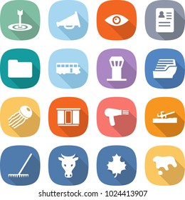 flat vector icon set - target vector, loudspeaker, eye, anamnesis, documents, bus, airport tower, cruise ship, jellyfish, wardrobe, hair dryer, soil cutter, rake, cow, maple leaf, spot