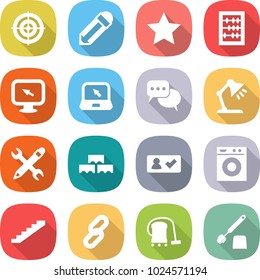 flat vector icon set - target vector, pencil, star, abacus, monitor arrow, notebook, discussion, table lamp, wrench, block wall, check in, washing machine, stairs, link, vacuum cleaner, toilet brush