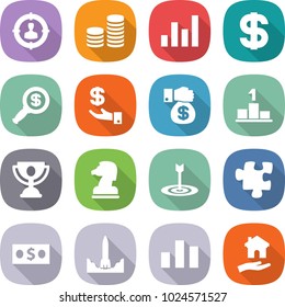 flat vector icon set - target audience vector, coin stack, graph, dollar, magnifier, investment, money gift, pedestal, trophy, chess horse, puzzle, rocket start, chart, housing