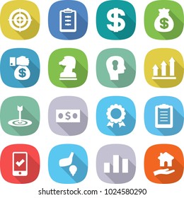 flat vector icon set - target vector, clipboard, dollar, money bag, gift, chess horse, bulb head, graph up, medal, mobile checking, golf, chart, housing