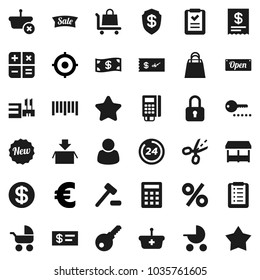 Flat vector icon set - target vector, euro sign, barcode, dollar coin, cash, star, sale, new, open, 24 hour, shopping bag, percent, market, mall, customer, card reader, receipt, basket, list, lock