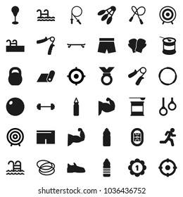 Flat vector icon set - target vector, barbell, weight, jump rope, hand trainer, punching bag, fitball, muscule, snickers, boxing glove, shorts, skateboard, medal, sports nutrition, water bottle, run