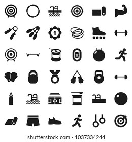 Flat vector icon set - target vector, barbell, stadium, weight, hand trainer, punching bag, fitball, muscule, snickers, boxing glove, shorts, roller Skates, skateboard, medal, sports nutrition, pool