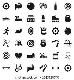 Flat vector icon set - target vector, barbell, stadium, weight, jump rope, hand trainer, punching bag, fitball, muscule, snickers, boxing glove, roller Skates, skateboard, medal, sports nutrition