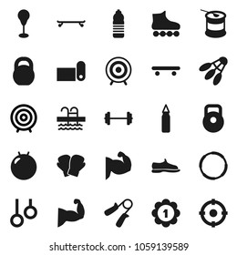 Flat vector icon set - target vector, barbell, weight, hand trainer, punching bag, fitball, muscule, snickers, boxing glove, roller Skates, skateboard, medal, sports nutrition, water bottle, pool