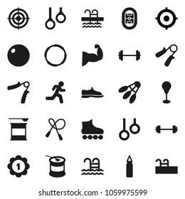 Flat vector icon set - target vector, barbell, jump rope, hand trainer, punching bag, fitball, muscule, snickers, roller Skates, medal, sports nutrition, shuttlecock, pool, hoop, gymnast rings, run