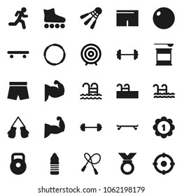 Flat vector icon set - target vector, barbell, weight, jump rope, fitball, muscule hand, boxing glove, shorts, roller Skates, skateboard, medal, sports nutrition, water bottle, shuttlecock, pool