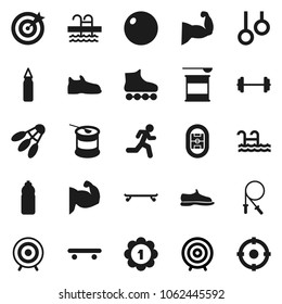 Flat vector icon set - target vector, barbell, jump rope, punching bag, fitball, muscule hand, snickers, roller Skates, skateboard, medal, sports nutrition, water bottle, shuttlecock, pool, run