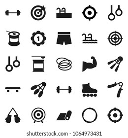 Flat vector icon set - target vector, barbell, hand trainer, muscule, boxing glove, shorts, roller Skates, skateboard, medal, sports nutrition, fitness mat, shuttlecock, hoop, gymnast rings, pool