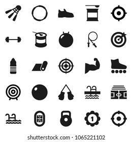 Flat vector icon set - target vector, barbell, stadium, weight, jump rope, fitball, muscule hand, snickers, boxing glove, roller Skates, medal, sports nutrition, water bottle, fitness mat, pool
