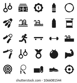Flat vector icon set - target vector, barbell, stadium, jump rope, hand trainer, fitball, muscule, snickers, skateboard, medal, sports nutrition, water bottle, fitness mat, shuttlecock, pool, hoop