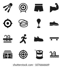 Flat vector icon set - target vector, stadium, punching bag, muscule hand, snickers, shorts, skateboard, sports nutrition, shuttlecock, pool, hoop, run