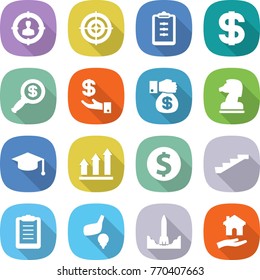 flat vector icon set - target audience vector, clipboard, dollar, magnifier, investment, money gift, chess horse, graduate hat, graph up, coin, stairs, golf, rocket start, housing