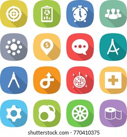 flat vector icon set - target vector, report, alarm clock, group, round around, dollar pin, balloon, draw compass, drawing compasses, trip, disco ball, first aid, gear, atom core, wheel