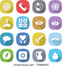 flat vector icon set - target vector, phone, circle diagram, atom, car pointer, calculator, eye, brain, health care, surgical clamp, bridge, electricity, ring button, jug, drop