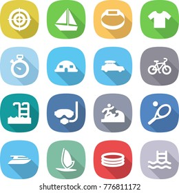 flat vector icon set - target vector, boat, smart bracelet, t shirt, stopwatch, dome house, car baggage, bike, pool, diving mask, surfer, tennis, yacht, windsurfing, inflatable