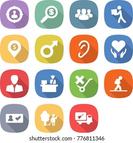 flat vector icon set - target audience vector, dollar magnifier, group, courier, pin, male sign, ear, health care, client, customs control, do not trolley, tourist, check in, garden cleaning