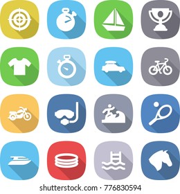 flat vector icon set - target vector, stopwatch, boat, trophy, t shirt, car baggage, bike, motorcycle, diving mask, surfer, tennis, yacht, inflatable pool, horse