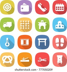 flat vector icon set - target vector, wallet, phone, calendar, truck, chip, arch, mansion, thermometer, wardrobe, stool, slippers, pretzel, soil cutter, scissors, hive