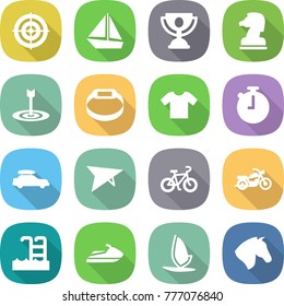 flat vector icon set - target vector, boat, trophy, chess horse, smart bracelet, t shirt, stopwatch, car baggage, deltaplane, bike, motorcycle, pool, jet ski, windsurfing
