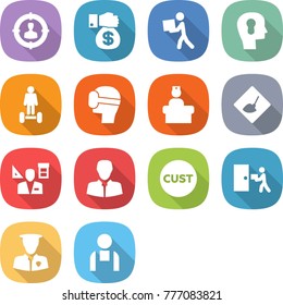 flat vector icon set - target audience vector, money gift, courier, bulb head, hoverboard, virtual mask, hospital recieption, under construction, architector, client, customs, delivery, security man